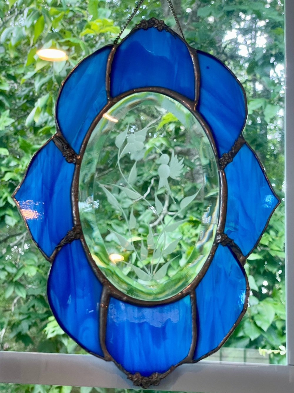 Vintage Blue Stained Glass Hummingbird Suncatcher | Floral Window Hanging